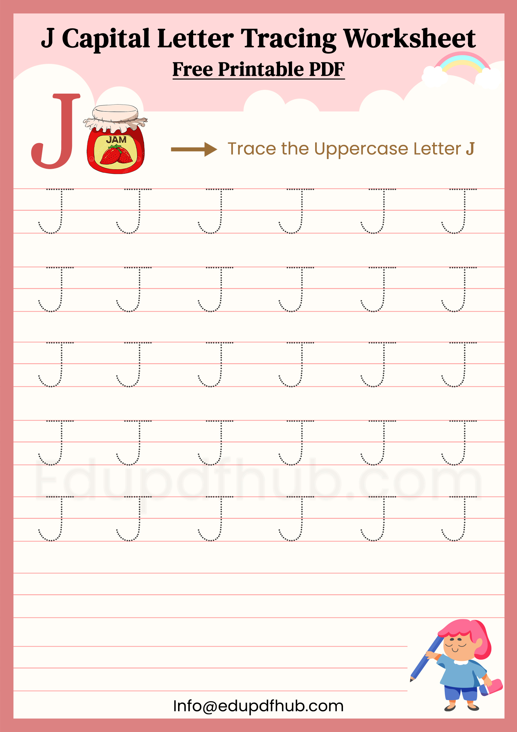 J Capital Letter Tracing Worksheet Printable PDF for Kids